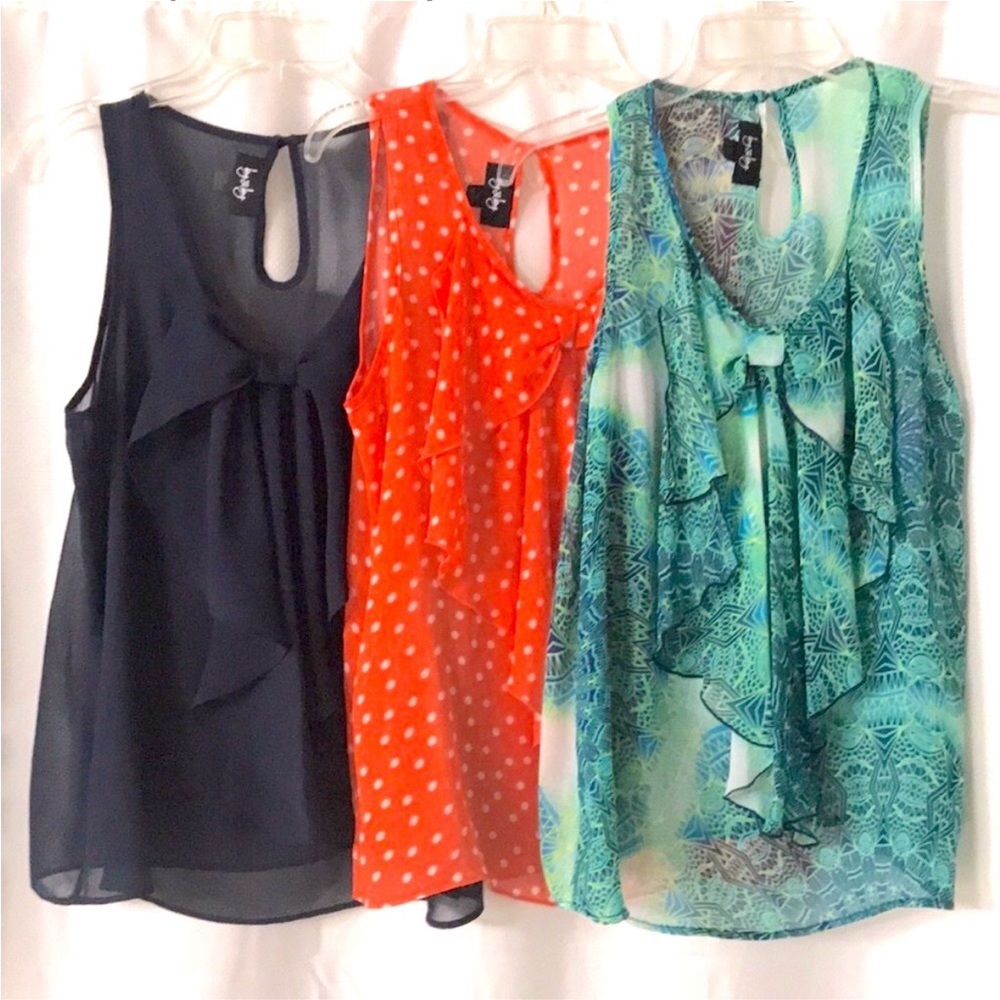 3 for 1 - Navy, Coral Polka Dot, Green Abstract Sleeveless Bow Detail Blouse